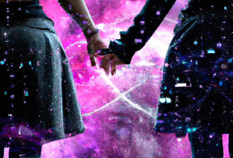 DALL·E 2022-08-17 14.38.49 - computer code inside a digital metaverse seen through a nebula by women holding hands, digital art