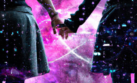 DALL·E 2022-08-17 14.38.49 - computer code inside a digital metaverse seen through a nebula by women holding hands, digital art